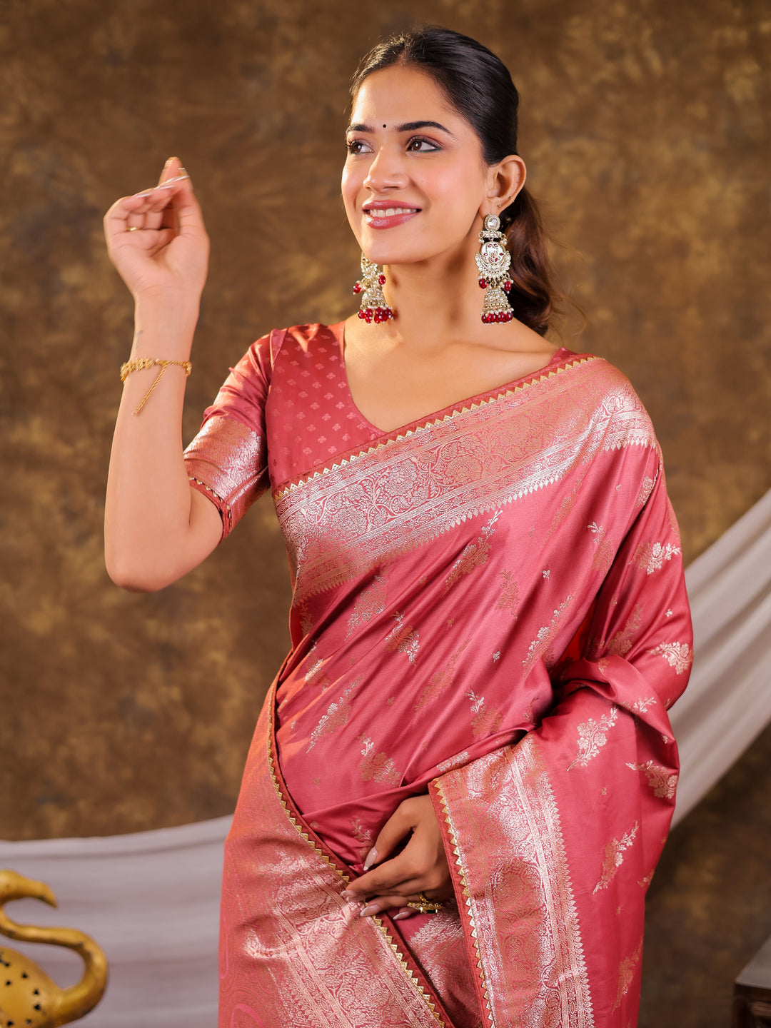 Rose Pink Kanjivaram Banarasi Satin Silk Saree with Silver Zari Weaving, Designer Woven Pallu & Tassel Detailing