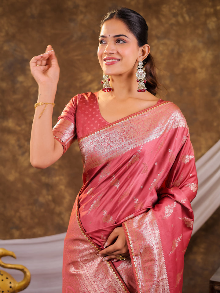 Rose Pink Kanjivaram Banarasi Satin Silk Saree with Silver Zari Weaving, Designer Woven Pallu & Tassel Detailing