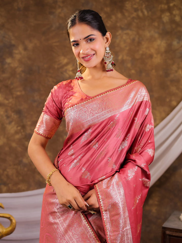 Rose Pink Kanjivaram Banarasi Satin Silk Saree with Silver Zari Weaving, Designer Woven Pallu & Tassel Detailing