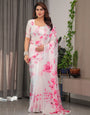 White Satin Georgette Pink Floral Printed Saree with Attached Blouse – Soft Flow Designer Saree for Elegant & Festive Wear