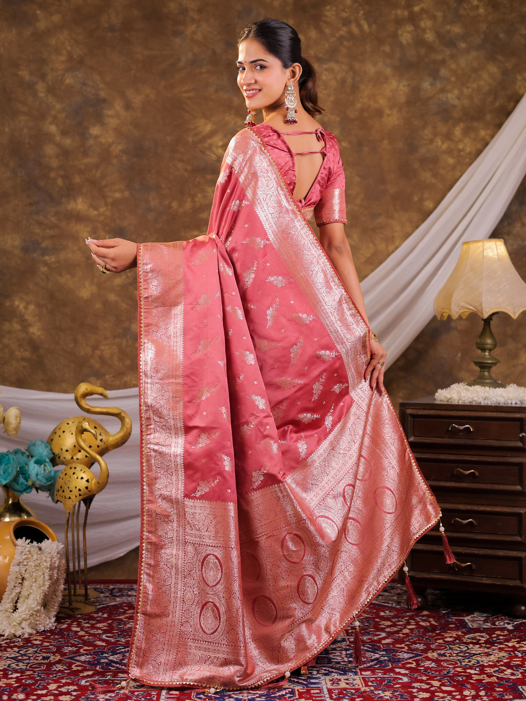 Rose Pink Kanjivaram Banarasi Satin Silk Saree with Silver Zari Weaving, Designer Woven Pallu & Tassel Detailing
