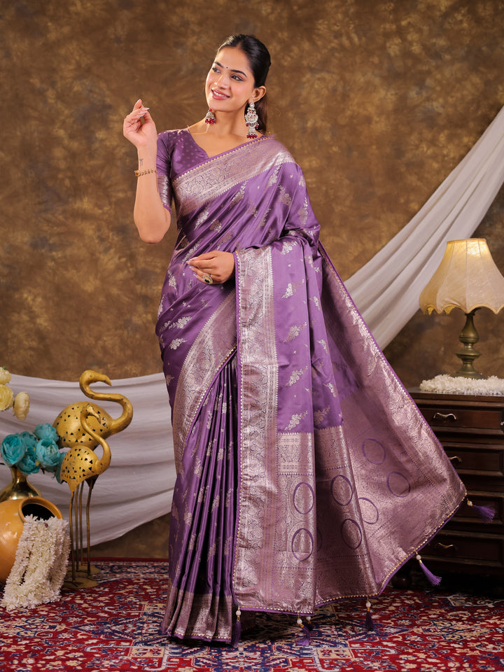Lavender Purple Kanjivaram Banarasi Satin Silk Saree with Silver Zari Weaving, Designer Woven Pallu & Tassel Detailing