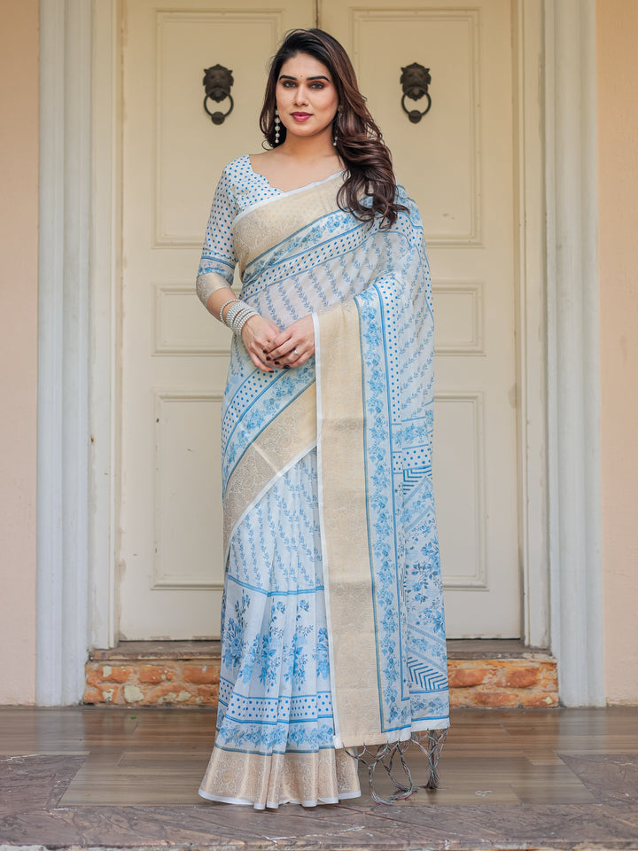 Sky Blue Floral Printed Handloom Cotton Saree with Woven Zari Border & Traditional Pallu