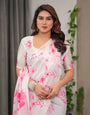 White Satin Georgette Pink Floral Printed Saree with Attached Blouse – Soft Flow Designer Saree for Elegant & Festive Wear