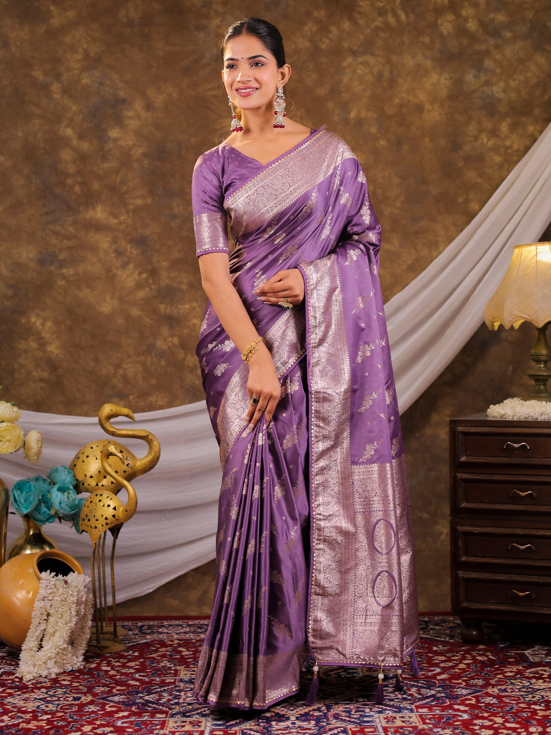 Lavender Purple Kanjivaram Banarasi Satin Silk Saree with Silver Zari Weaving, Designer Woven Pallu & Tassel Detailing