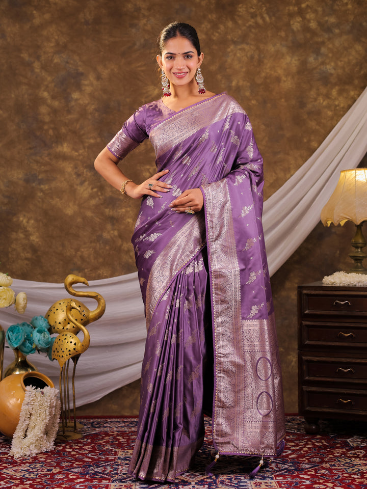 Lavender Purple Kanjivaram Banarasi Satin Silk Saree with Silver Zari Weaving, Designer Woven Pallu & Tassel Detailing