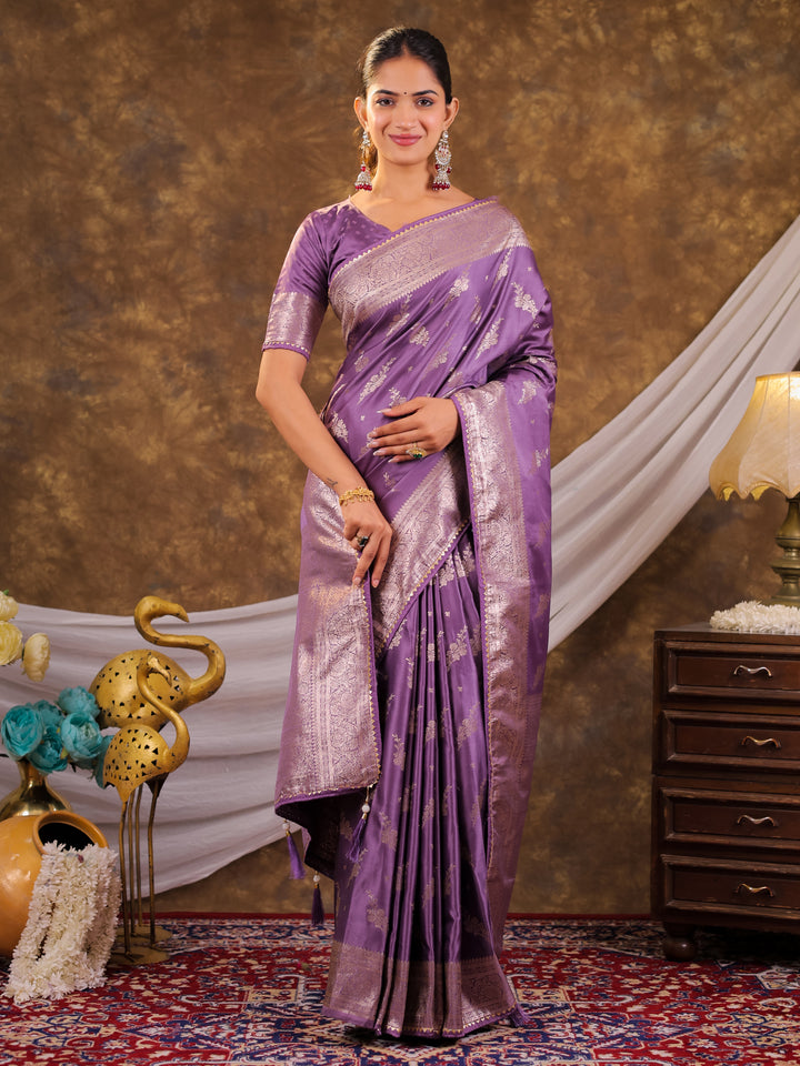 Lavender Purple Kanjivaram Banarasi Satin Silk Saree with Silver Zari Weaving, Designer Woven Pallu & Tassel Detailing