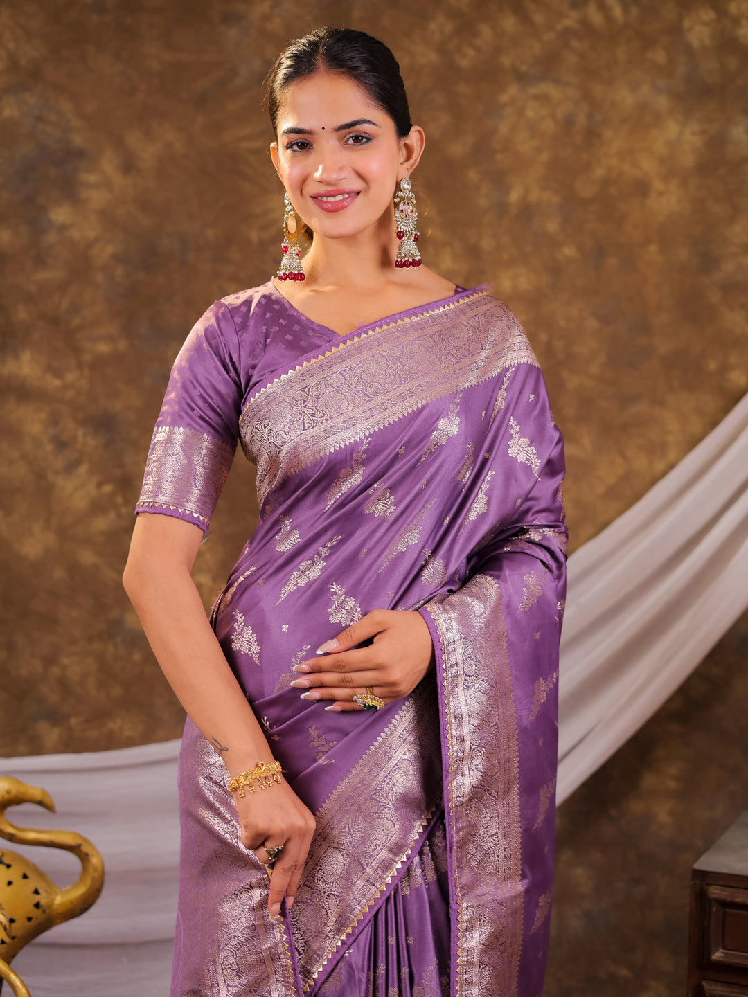 Lavender Purple Kanjivaram Banarasi Satin Silk Saree with Silver Zari Weaving, Designer Woven Pallu & Tassel Detailing