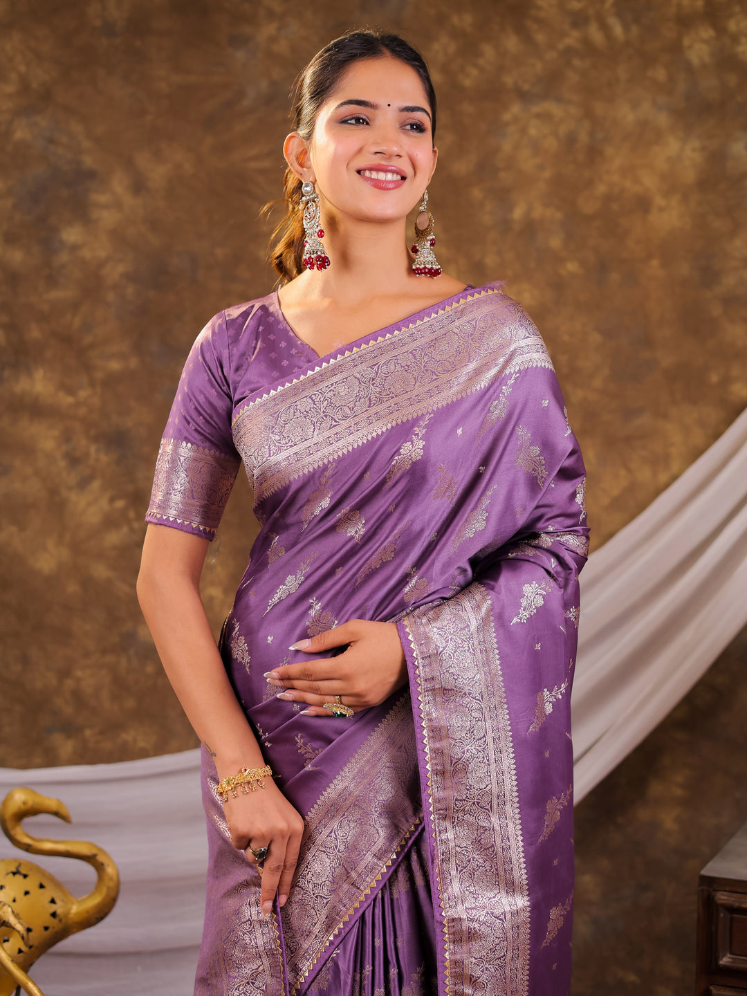 Lavender Purple Kanjivaram Banarasi Satin Silk Saree with Silver Zari Weaving, Designer Woven Pallu & Tassel Detailing