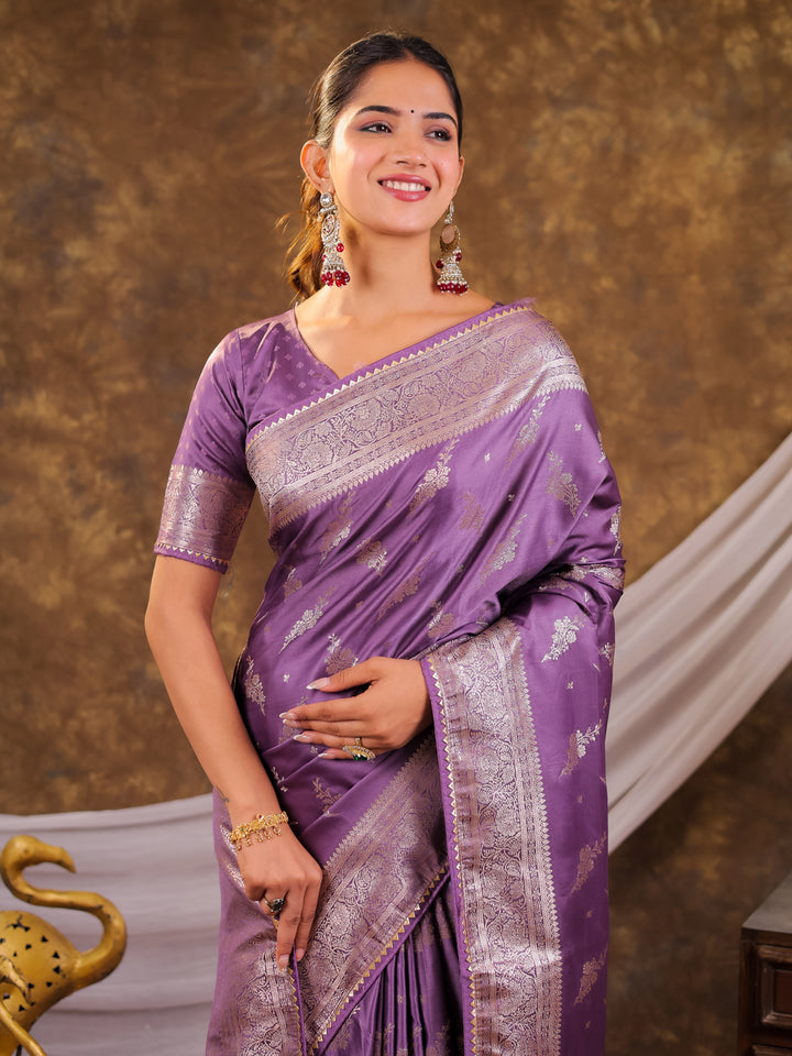 Lavender Purple Kanjivaram Banarasi Satin Silk Saree with Silver Zari Weaving, Designer Woven Pallu & Tassel Detailing