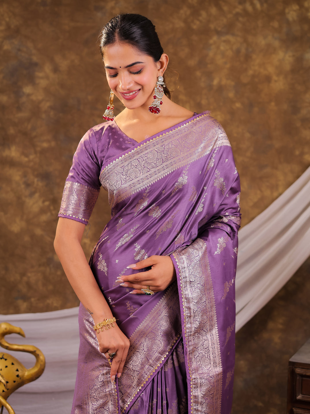 Lavender Purple Kanjivaram Banarasi Satin Silk Saree with Silver Zari Weaving, Designer Woven Pallu & Tassel Detailing
