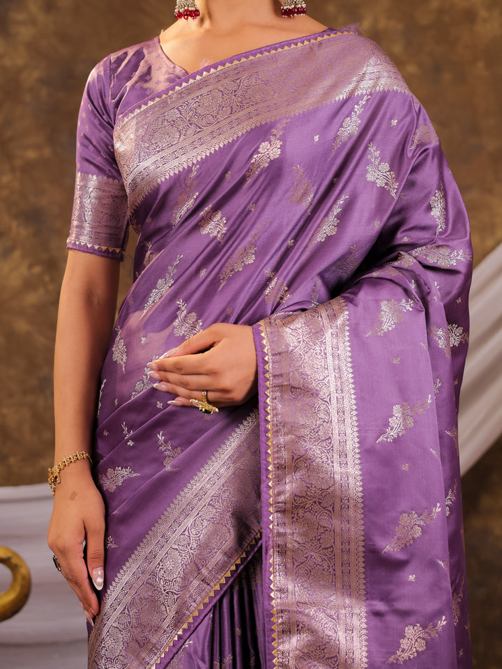 Lavender Purple Kanjivaram Banarasi Satin Silk Saree with Silver Zari Weaving, Designer Woven Pallu & Tassel Detailing