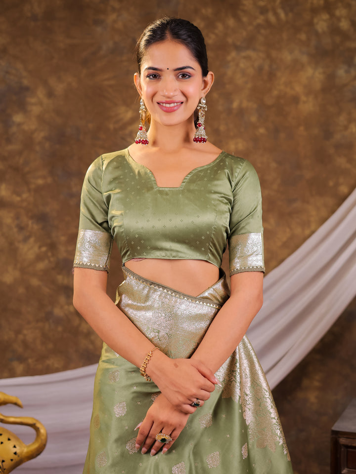 Sage Green Kanjivaram Banarasi Satin Silk Saree with Silver Zari Weaving, Floral Woven Border, Rich Designer Pallu & Tassels