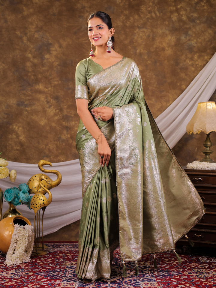 Sage Green Kanjivaram Banarasi Satin Silk Saree with Silver Zari Weaving, Floral Woven Border, Rich Designer Pallu & Tassels