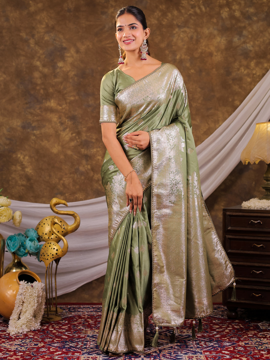 Sage Green Kanjivaram Banarasi Satin Silk Saree with Silver Zari Weaving, Floral Woven Border, Rich Designer Pallu & Tassels
