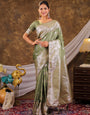 Sage Green Kanjivaram Banarasi Satin Silk Saree with Silver Zari Weaving, Floral Woven Border, Rich Designer Pallu & Tassels