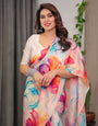 Ivory Satin Georgette Multicolor Abstract Floral Printed Saree with Attached Blouse – Flowing Designer Saree for Festive & Party Wear
