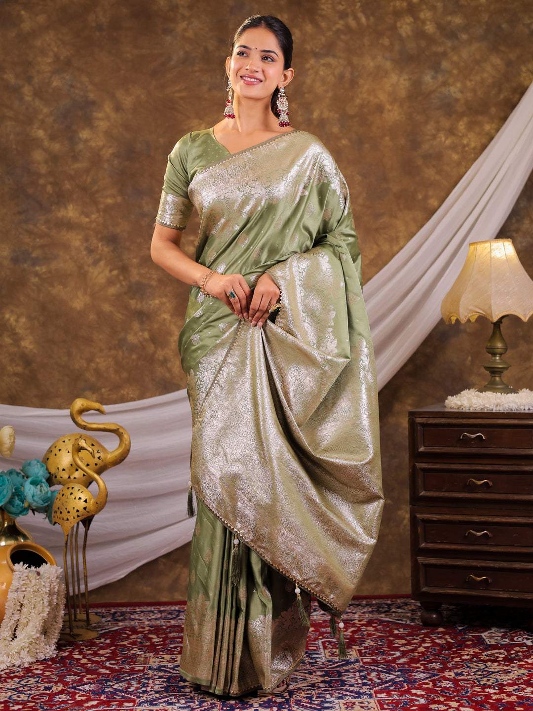 Sage Green Kanjivaram Banarasi Satin Silk Saree with Silver Zari Weaving, Floral Woven Border, Rich Designer Pallu & Tassels