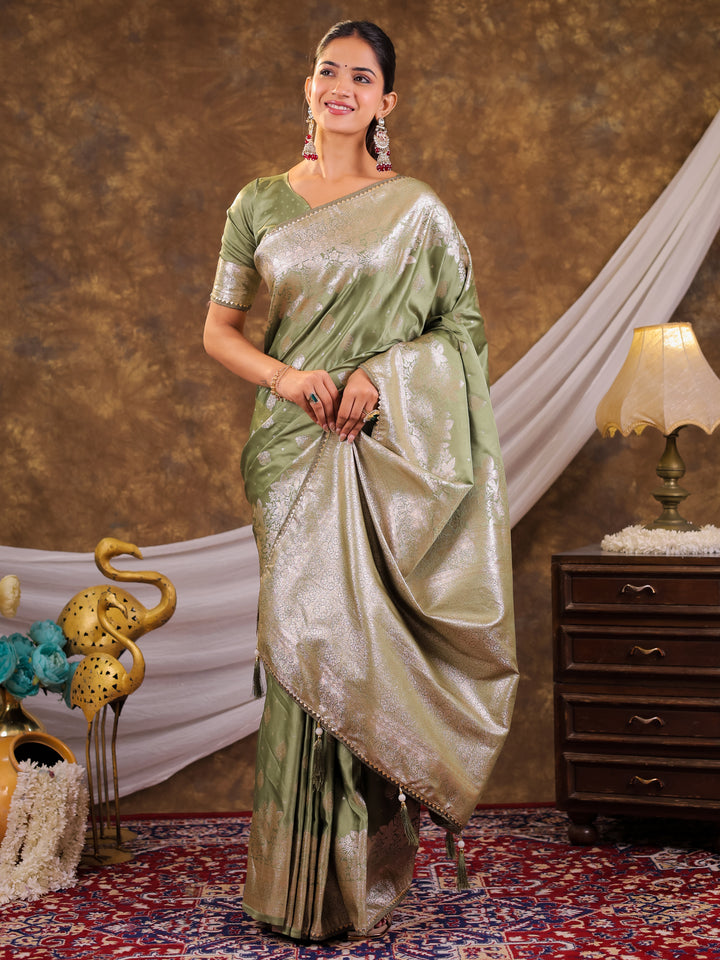 Sage Green Kanjivaram Banarasi Satin Silk Saree with Silver Zari Weaving, Floral Woven Border, Rich Designer Pallu & Tassels