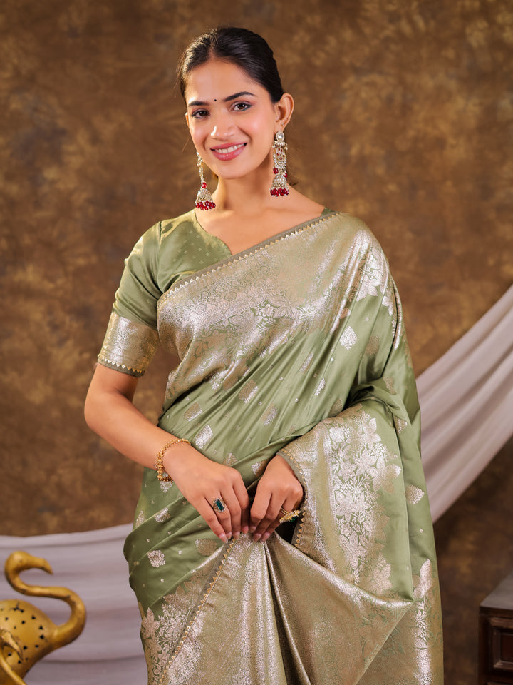 Sage Green Kanjivaram Banarasi Satin Silk Saree with Silver Zari Weaving, Floral Woven Border, Rich Designer Pallu & Tassels