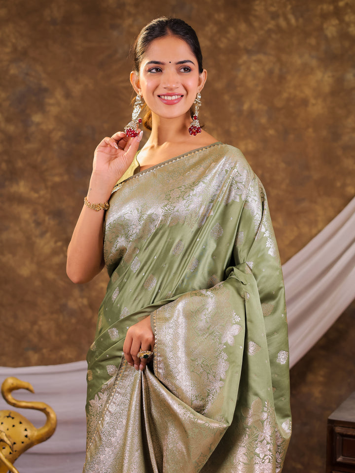 Sage Green Kanjivaram Banarasi Satin Silk Saree with Silver Zari Weaving, Floral Woven Border, Rich Designer Pallu & Tassels
