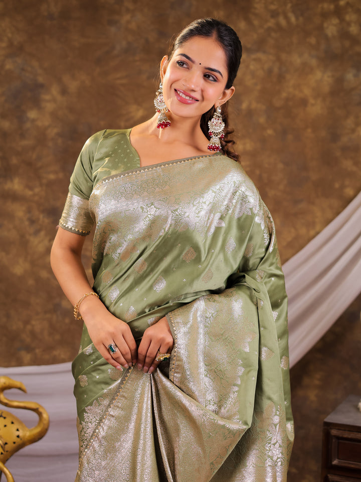 Sage Green Kanjivaram Banarasi Satin Silk Saree with Silver Zari Weaving, Floral Woven Border, Rich Designer Pallu & Tassels