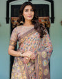 Mauve Beige Handloom Cotton Saree with Pastel Floral Print & Royal Tree-Elephant Pallu