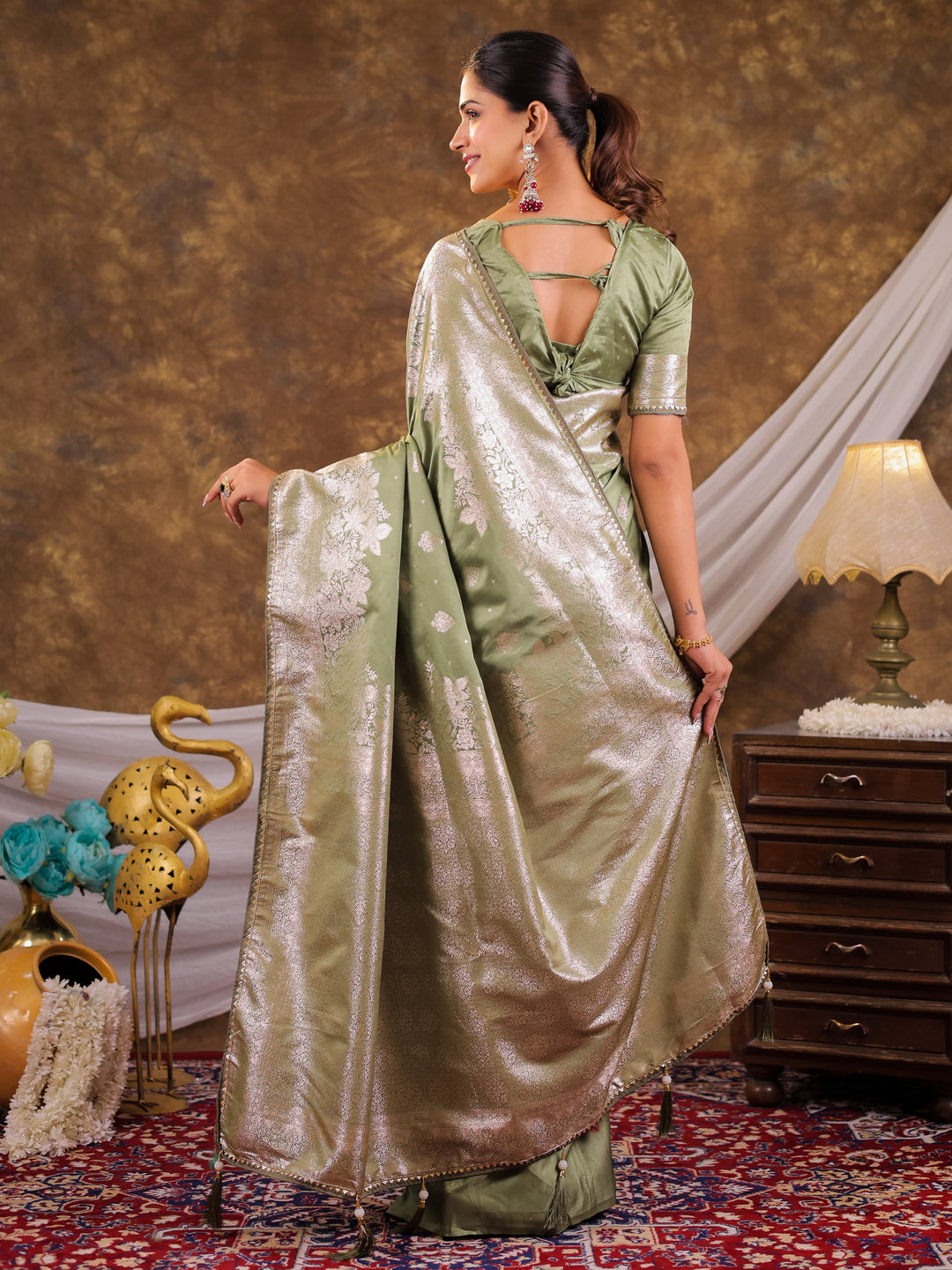 Sage Green Kanjivaram Banarasi Satin Silk Saree with Silver Zari Weaving, Floral Woven Border, Rich Designer Pallu & Tassels
