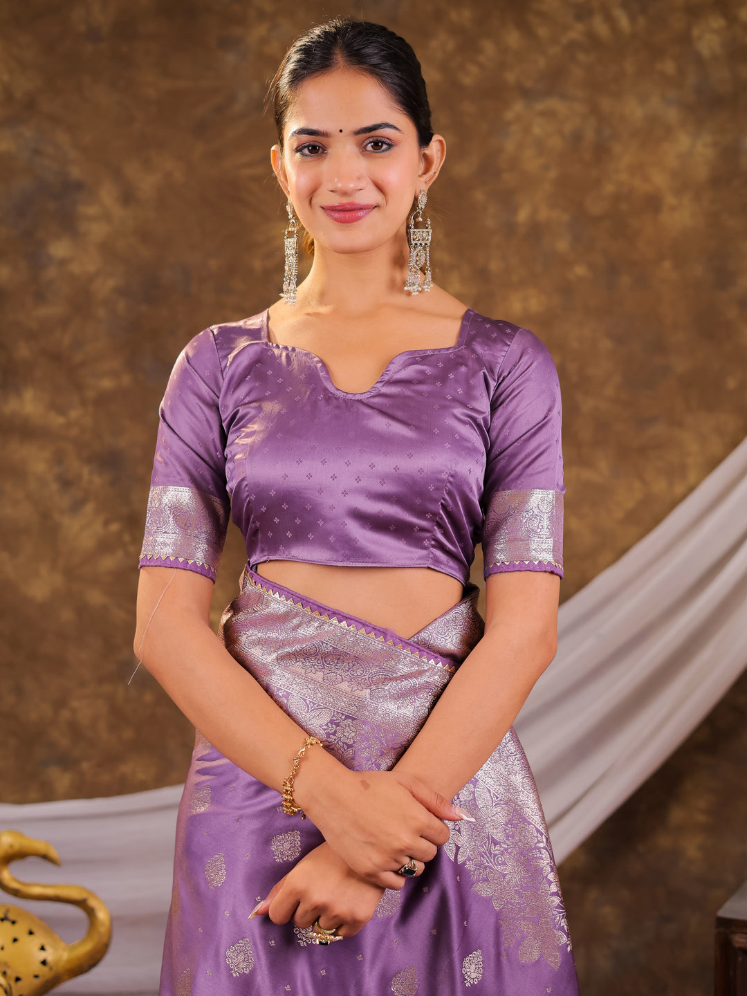 Royal Lavender Kanjivaram Banarasi Satin Silk Saree with Silver Zari Weaving, Designer Woven Pallu & Tassel Detailing