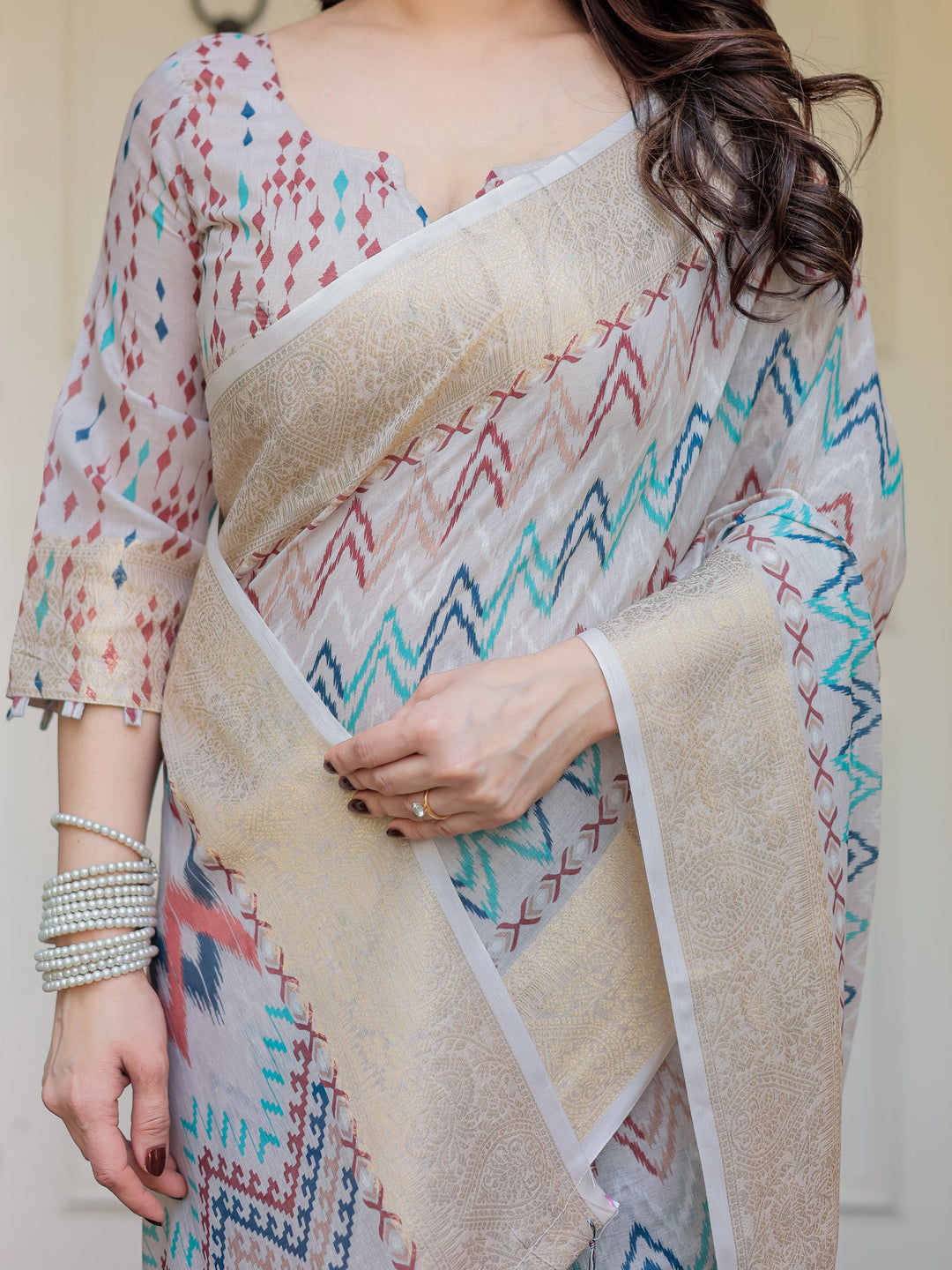 Beige Multicolour Tribal Printed Handloom Cotton Saree with Woven Zari Border & Ethnic Pallu