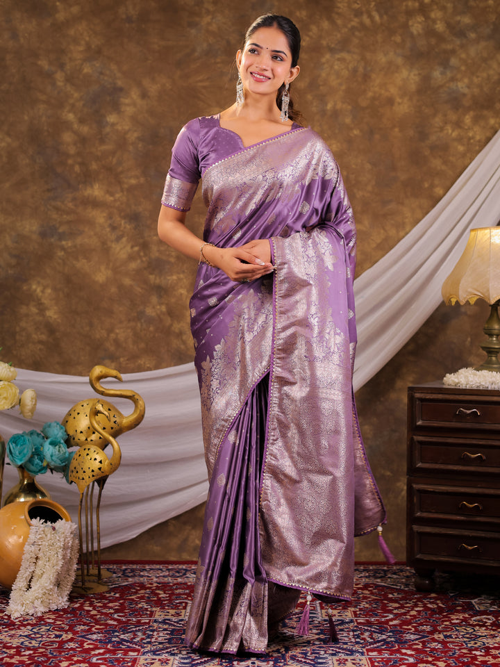 Royal Lavender Kanjivaram Banarasi Satin Silk Saree with Silver Zari Weaving, Designer Woven Pallu & Tassel Detailing