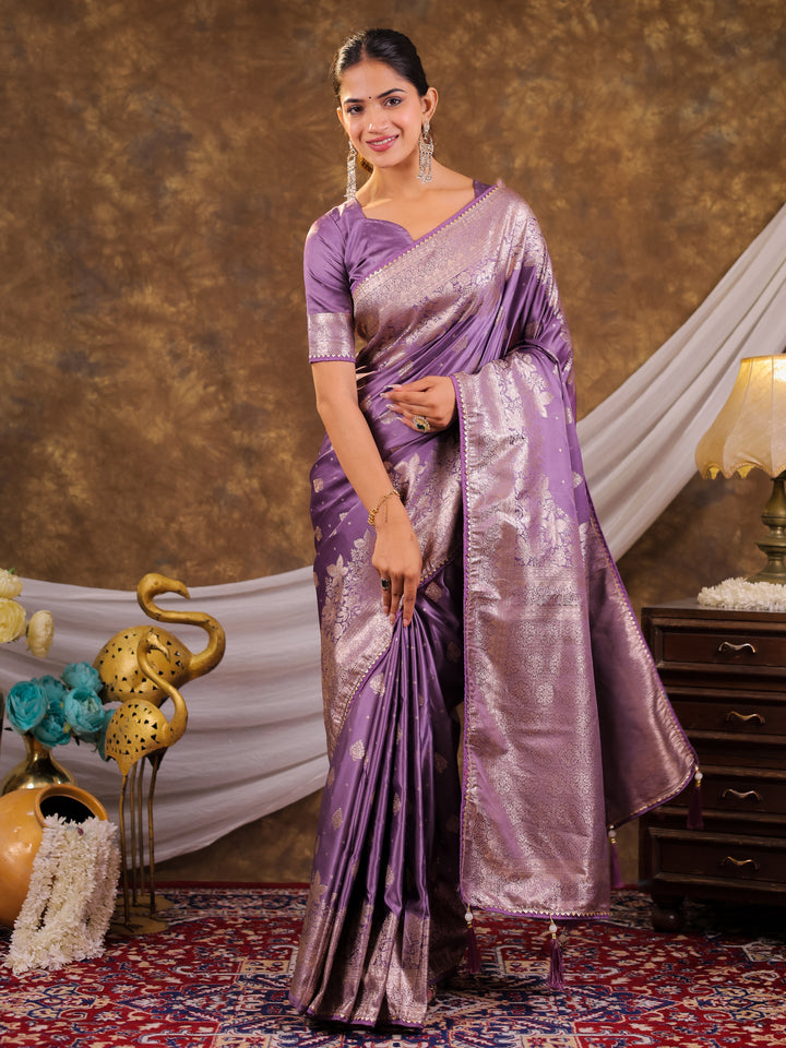 Royal Lavender Kanjivaram Banarasi Satin Silk Saree with Silver Zari Weaving, Designer Woven Pallu & Tassel Detailing