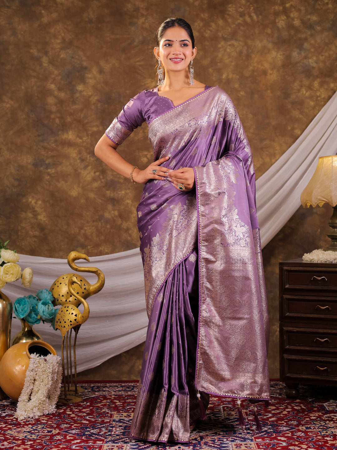 Royal Lavender Kanjivaram Banarasi Satin Silk Saree with Silver Zari Weaving, Designer Woven Pallu & Tassel Detailing