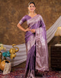 Royal Lavender Kanjivaram Banarasi Satin Silk Saree with Silver Zari Weaving, Designer Woven Pallu & Tassel Detailing