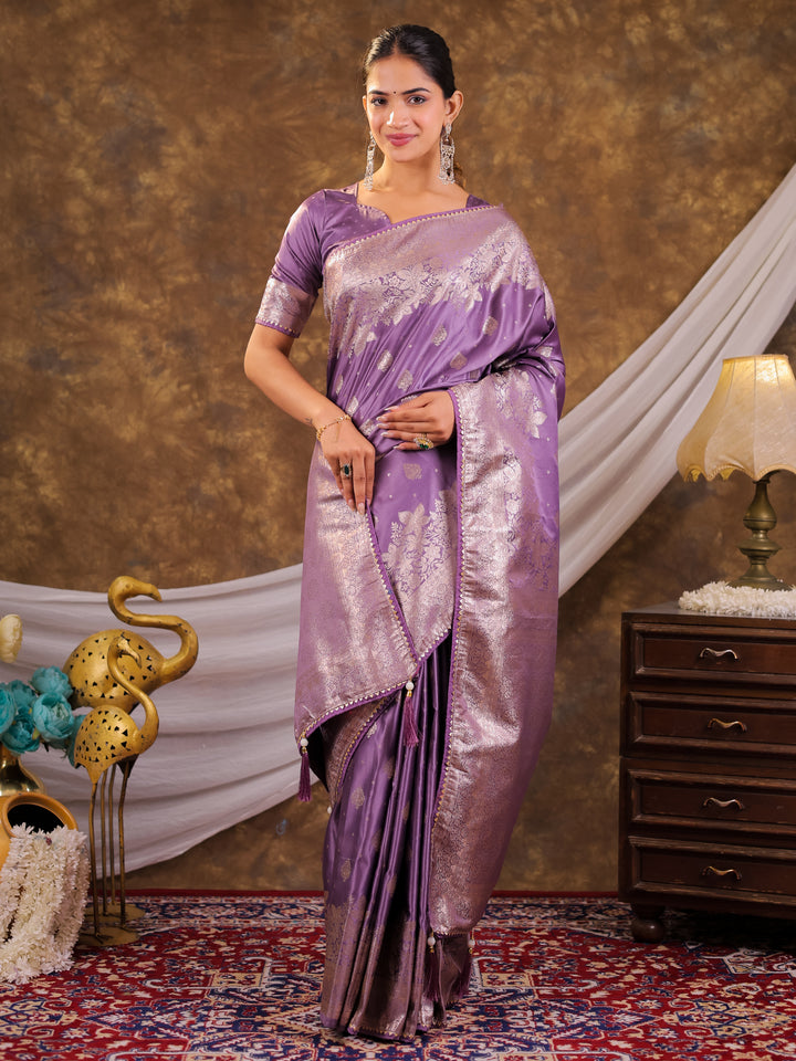 Royal Lavender Kanjivaram Banarasi Satin Silk Saree with Silver Zari Weaving, Designer Woven Pallu & Tassel Detailing