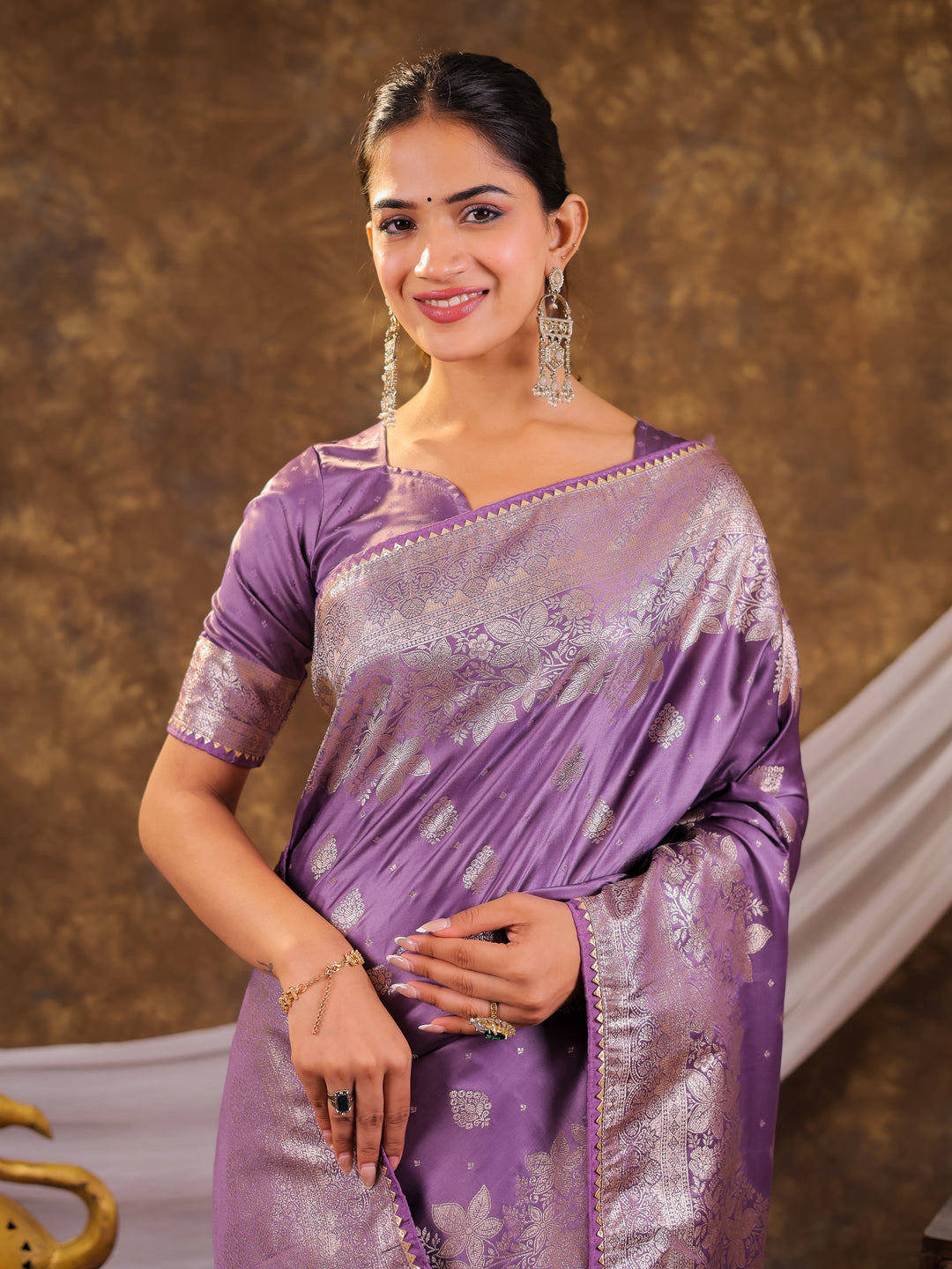 Royal Lavender Kanjivaram Banarasi Satin Silk Saree with Silver Zari Weaving, Designer Woven Pallu & Tassel Detailing
