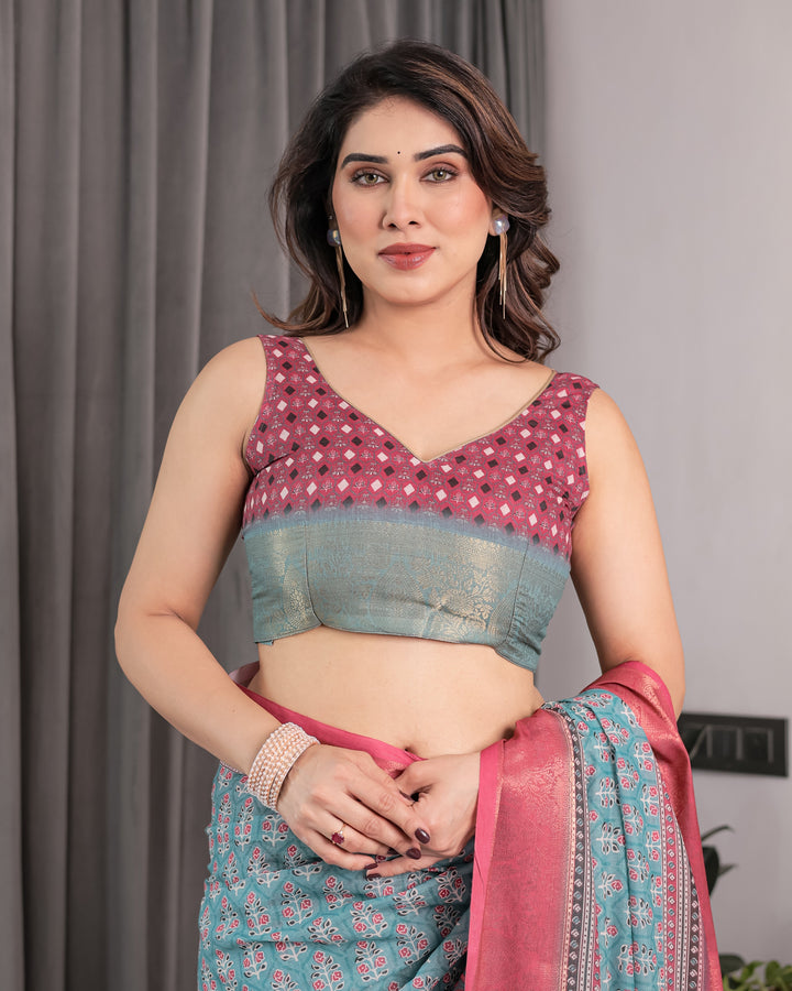 Teal Blue & Rani Pink Handloom Linen Saree with Ethnic Floral Print, Zari Border & Rich Pallu | Tassel Finish | 5.5m Saree + 0.8m Blouse