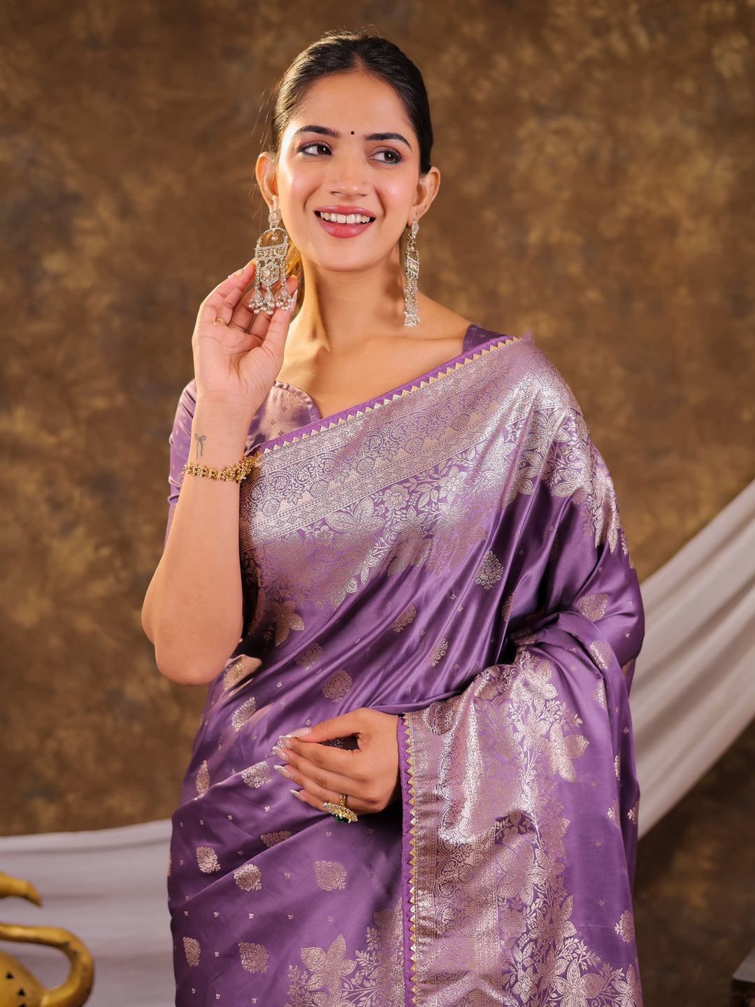 Royal Lavender Kanjivaram Banarasi Satin Silk Saree with Silver Zari Weaving, Designer Woven Pallu & Tassel Detailing