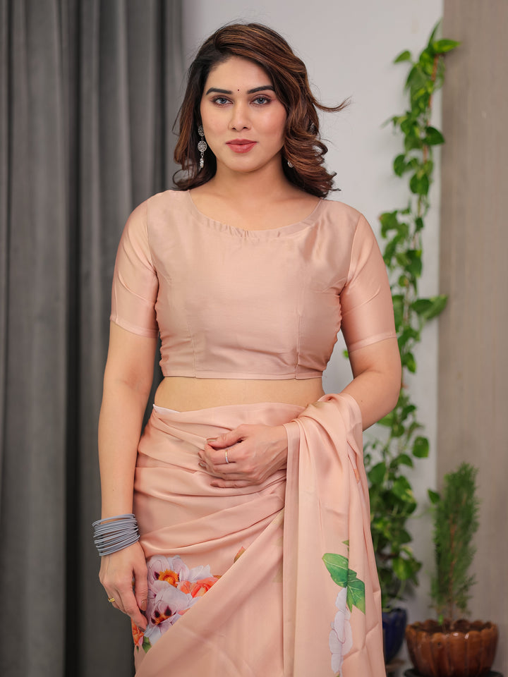 Peach Satin Georgette Floral Printed Saree with Attached Blouse – Soft Pastel Designer Saree for Festive & Elegant Wear