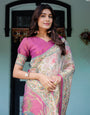 Lavender Beige Handloom Cotton Saree with Floral Vine Print & Majestic Peacock Pallu