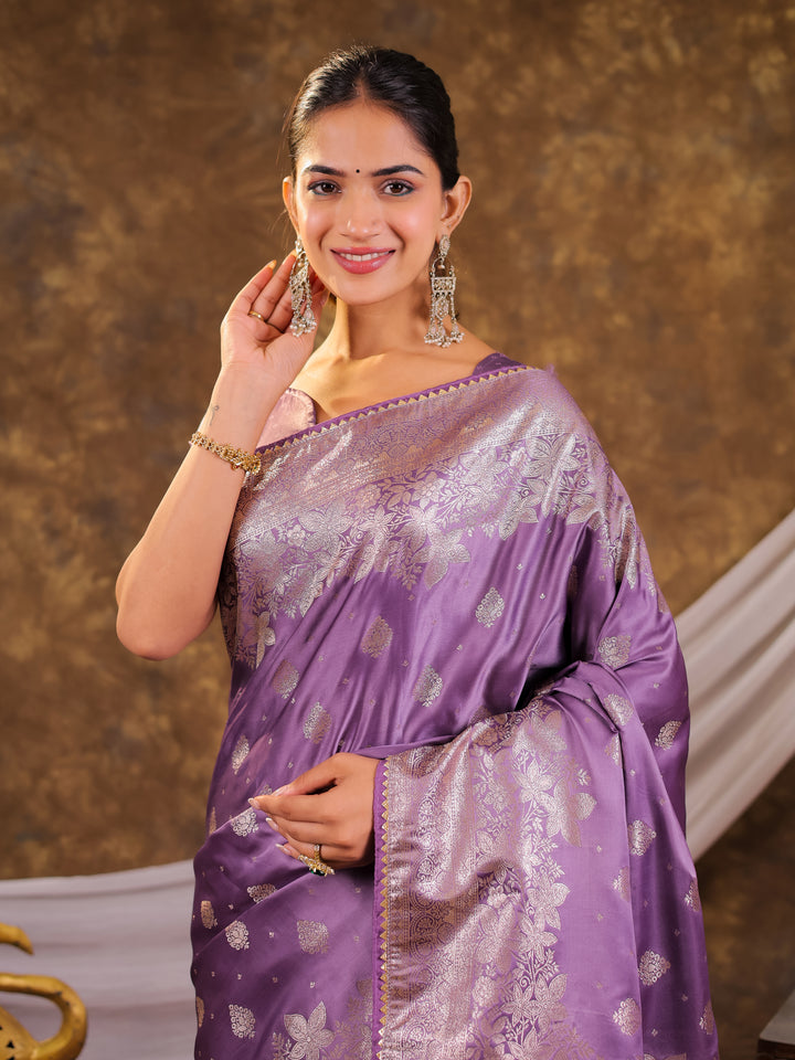 Royal Lavender Kanjivaram Banarasi Satin Silk Saree with Silver Zari Weaving, Designer Woven Pallu & Tassel Detailing