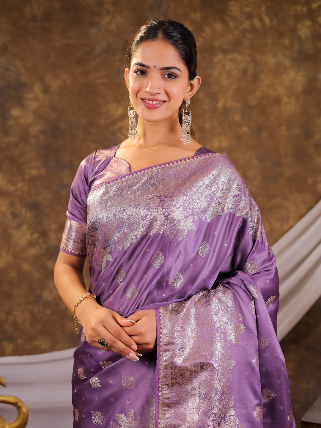 Royal Lavender Kanjivaram Banarasi Satin Silk Saree with Silver Zari Weaving, Designer Woven Pallu & Tassel Detailing