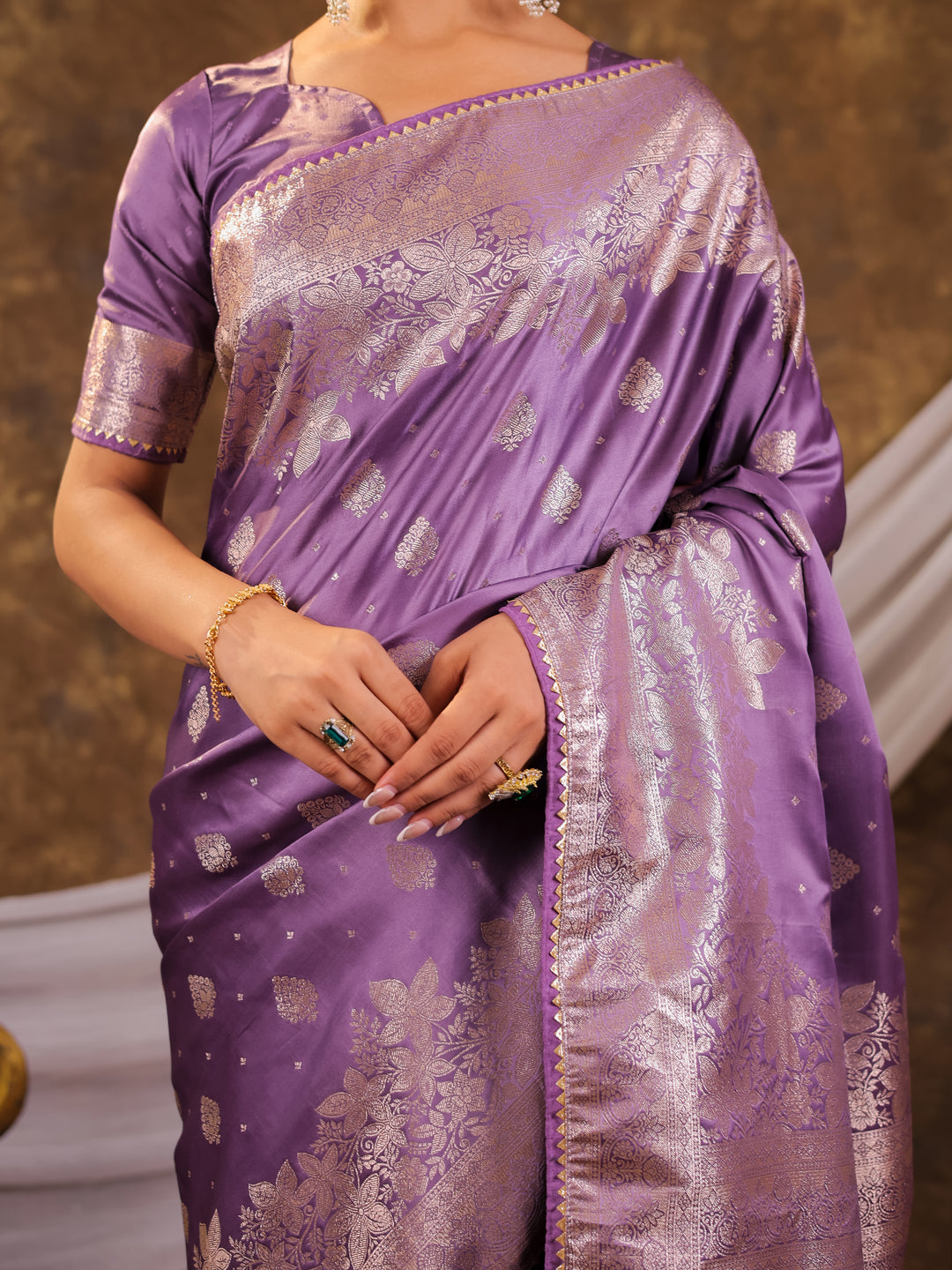 Royal Lavender Kanjivaram Banarasi Satin Silk Saree with Silver Zari Weaving, Designer Woven Pallu & Tassel Detailing