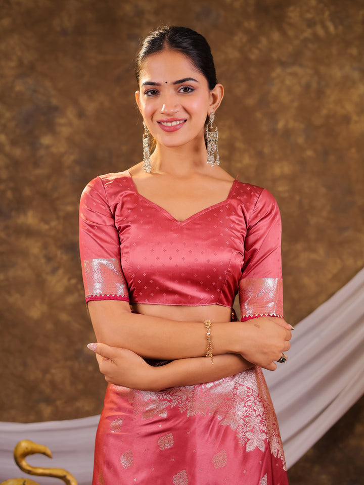 Rose Pink Kanjivaram Banarasi Satin Silk Saree with Silver Zari Weaving, Floral Woven Border, Rich Designer Pallu & Tassels