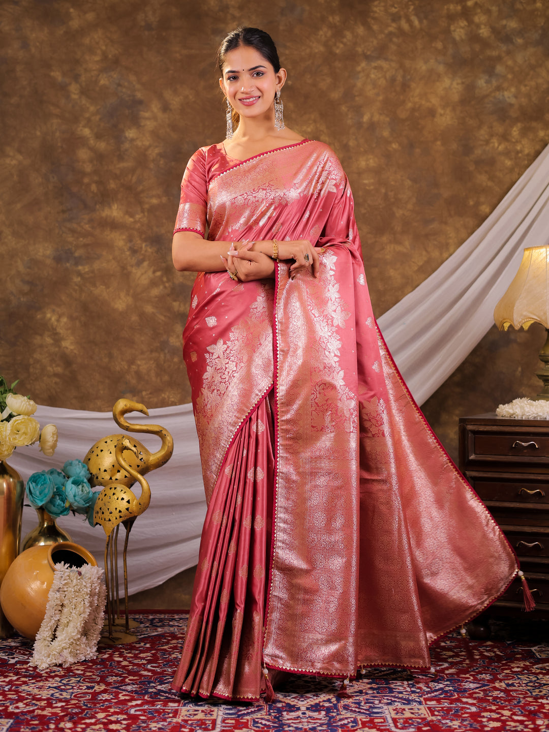 Rose Pink Kanjivaram Banarasi Satin Silk Saree with Silver Zari Weaving, Floral Woven Border, Rich Designer Pallu & Tassels