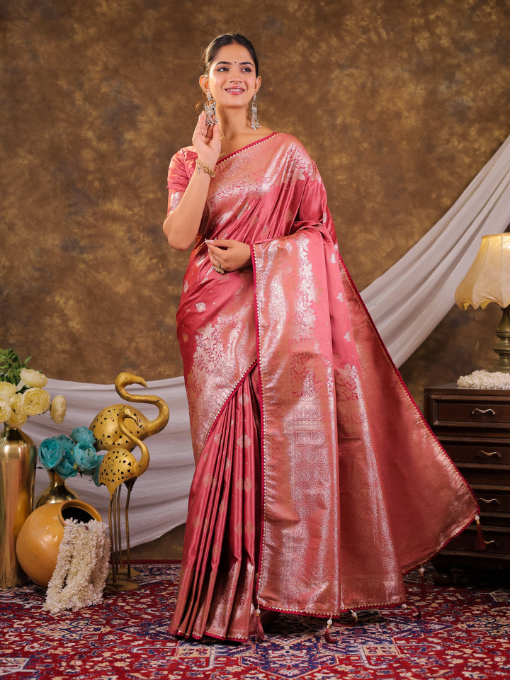Rose Pink Kanjivaram Banarasi Satin Silk Saree with Silver Zari Weaving, Floral Woven Border, Rich Designer Pallu & Tassels