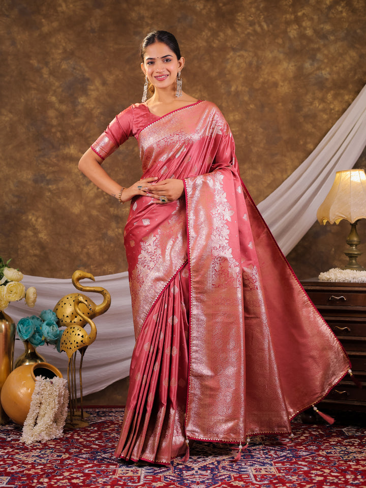 Rose Pink Kanjivaram Banarasi Satin Silk Saree with Silver Zari Weaving, Floral Woven Border, Rich Designer Pallu & Tassels