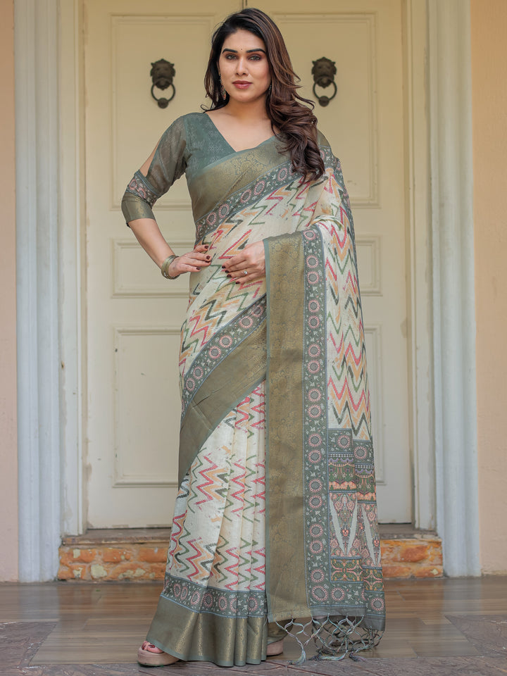 Olive Green Ikat & Ethnic Printed Handloom Cotton Saree with Rich Zari Border & Traditional Pallu