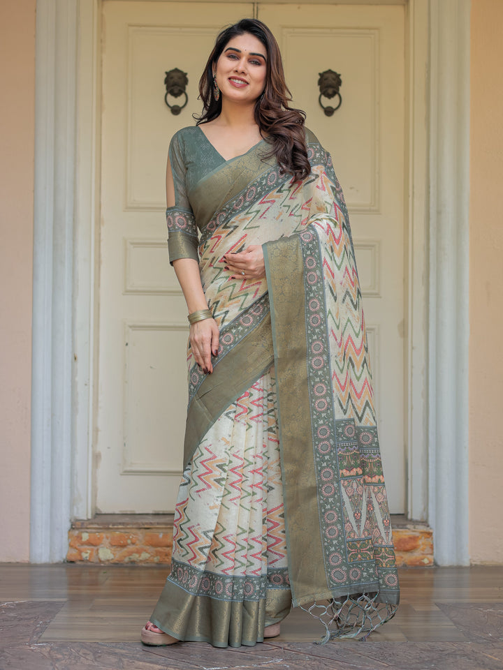 Olive Green Ikat & Ethnic Printed Handloom Cotton Saree with Rich Zari Border & Traditional Pallu