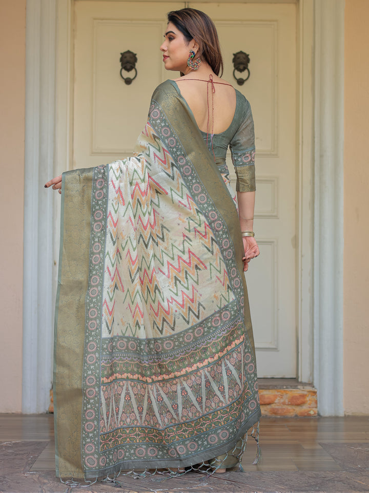 Olive Green Ikat & Ethnic Printed Handloom Cotton Saree with Rich Zari Border & Traditional Pallu